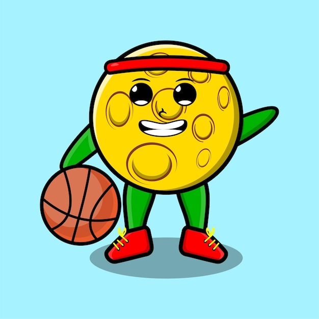 Schattige cartoon maan karakter spelen basketbal in moderne stijl ontwerp voor tshirt sticker logo ele