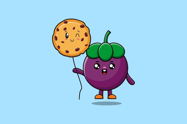 Schattige cartoon mangosteen drijvend met koekjesballon in platte cartoon vectorillustratie pictogram