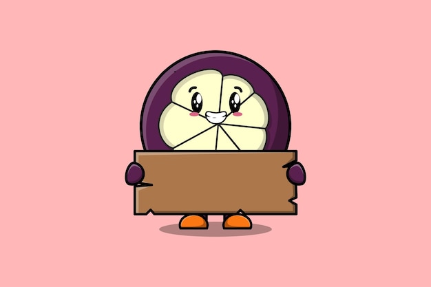 Schattige cartoon mangosteen karakter met lege houten tekstbord vector pictogram illustratie