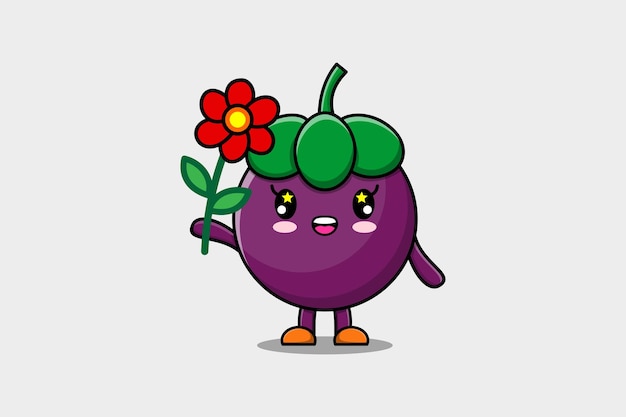 Schattige cartoon Mangosteen karakter met rode bloem in concept 3D cartoon stijl