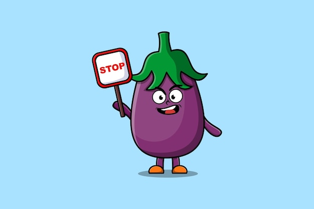 Schattige cartoon mascotte illustratie aubergine met stopbord bord vector tekening