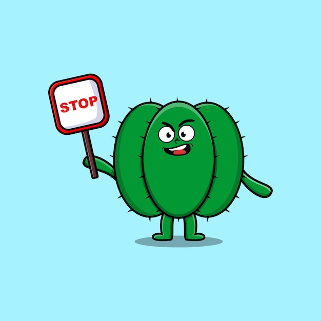 Schattige cartoon mascotte illustratie cactus met stopbord bord vector tekening