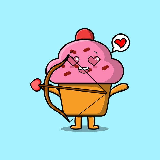 Schattige cartoon mascotte karakter romantische cupid cupcake met liefdespijl in modern design