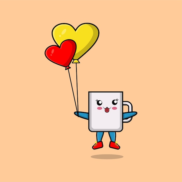 Schattige cartoon mok zwevend met liefde ballon cartoon vectorillustratie in concept 3D-cartoon-stijl