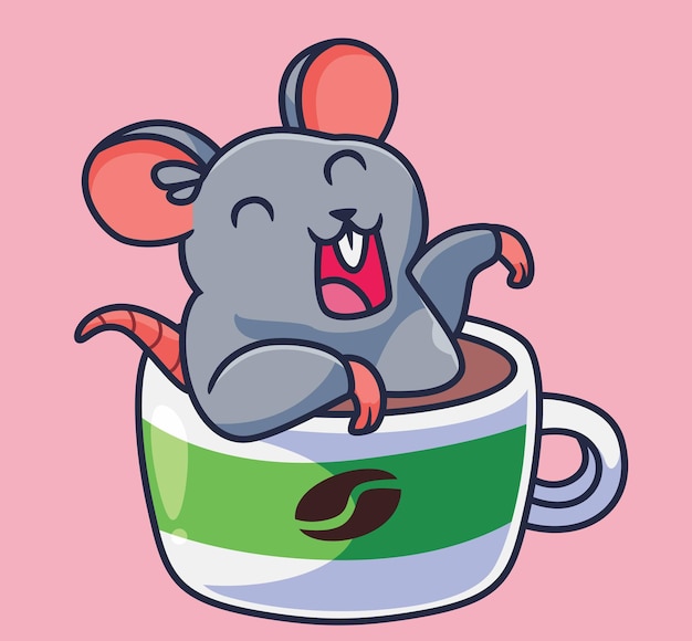 Schattige cartoon muis badend op mok koffie geïsoleerde cartoon dierlijke illustratie vector