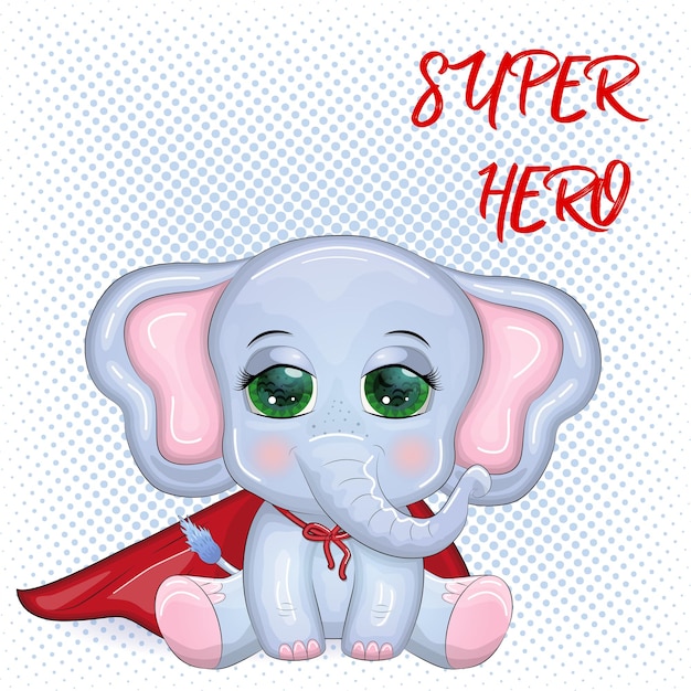 Schattige cartoon olifant kinderachtig karakter in superheld rode cape