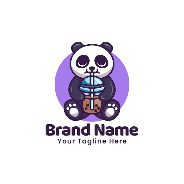 Schattige Cartoon Omtrek Teken Panda Drink Boba Met Stro Illustratie Logo