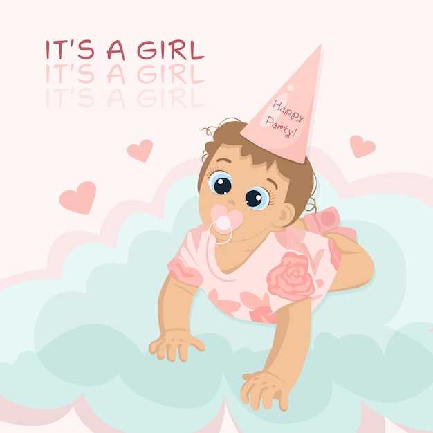 Vector schattige cartoon ontwerpsjabloon voor baby shower it's a girl pasgeboren meisje vector illustratie