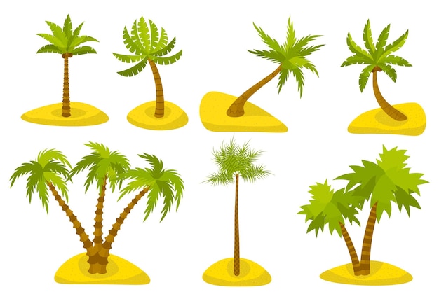 Schattige cartoon palm op eiland set geïsoleerd op een witte achtergrond. Exotische bomen in de woestijn in vlakke stijl.