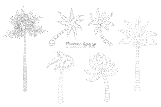 Schattige cartoon palm set voor het kleuren van boek voor volwassenen geïsoleerd op een witte achtergrond. Exotische bomen