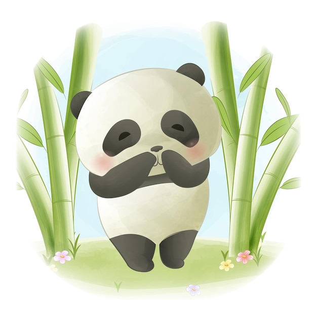 Schattige cartoon pandabeer met groene bamboe