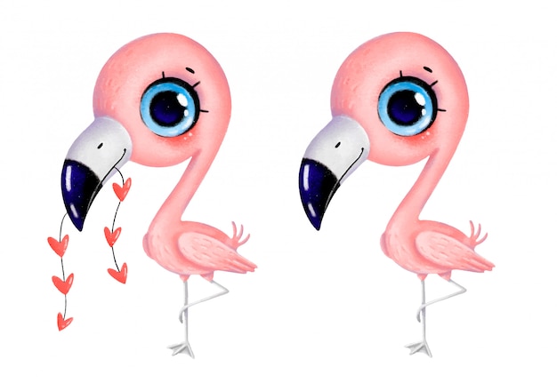 Schattige cartoon pastel kleine flamingo met hartjes staat op één been. grillige hand getrokken famingo geïsoleerd op een witte achtergrond