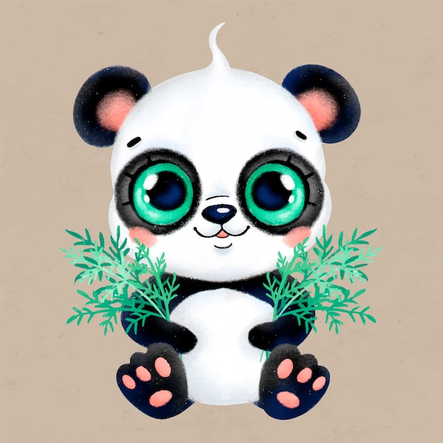 Schattige cartoon pastel kleine panda met bamboe bladeren