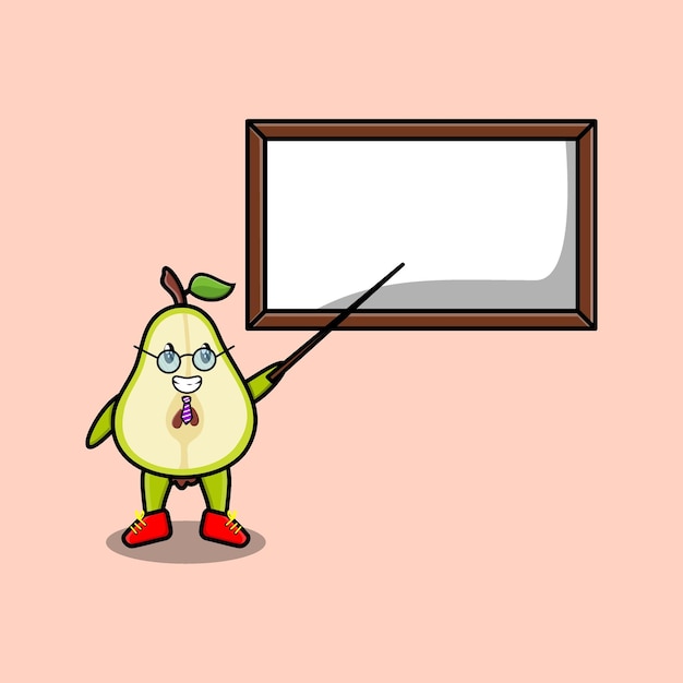 Schattige cartoon peer fruit leraar karakter lesgeven met whiteboard in 3d cartoon stijl concept
