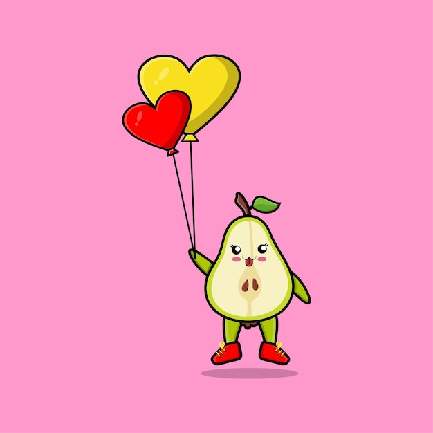 Schattige cartoon peer fruit zwevend met liefde ballon cartoon vectorillustratie