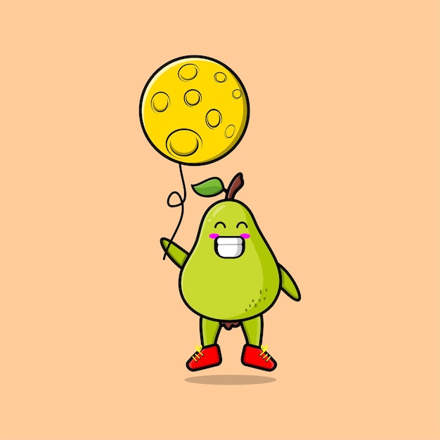 Schattige cartoon peer fruit zwevend met maan ballon cartoon vectorillustratie in concept 3D-cartoon