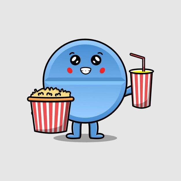 Schattige cartoon pil geneeskunde met popcorn en drankje klaar om te kijken naar film in bioscoop vector pictogram illus