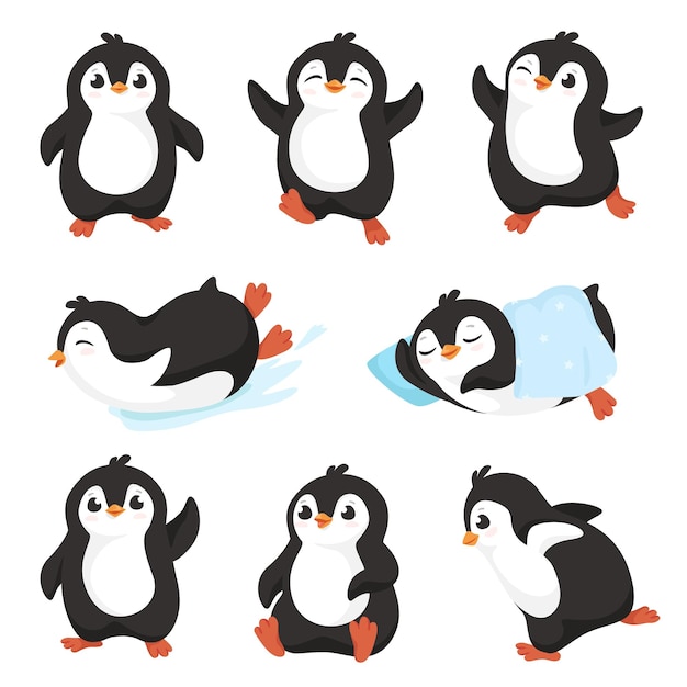 Schattige cartoon pinguïns Kleine pinguïn karakter met gelukkige glimlach aquatische vliegende vogel mascotte vector set