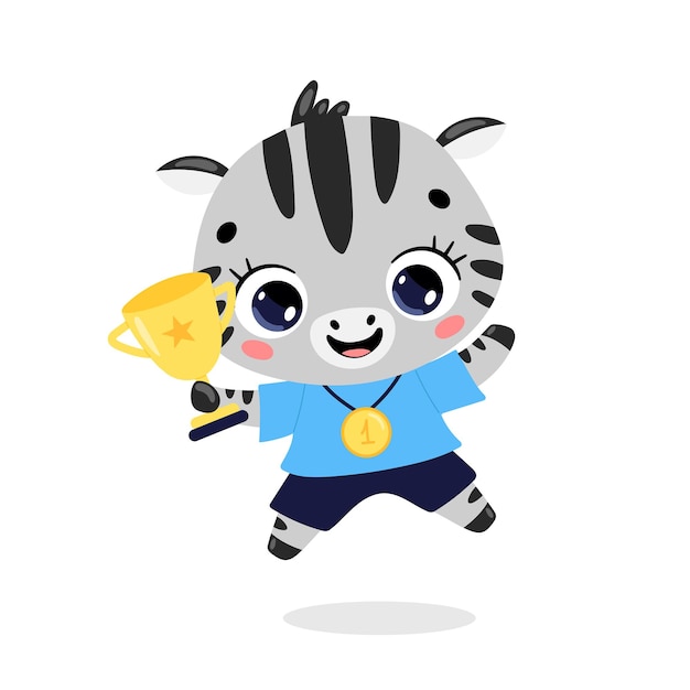Schattige cartoon platte doodle dieren sport winnaars met gouden medaille en beker. winnaar zebrasport