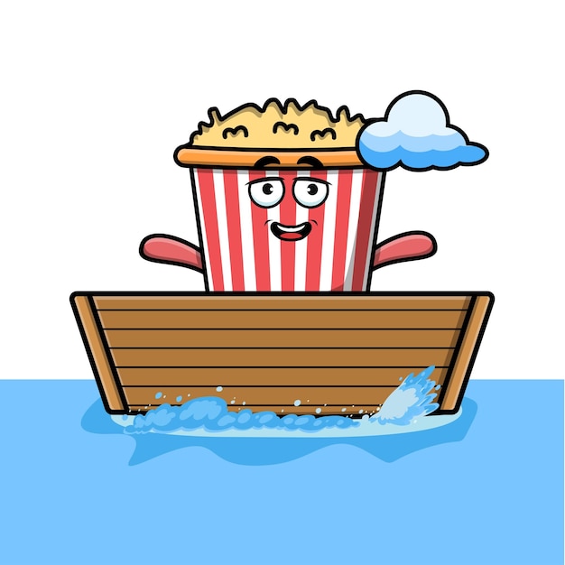 schattige cartoon Popcorn stapt op de boot in vectorkarakterillustratie