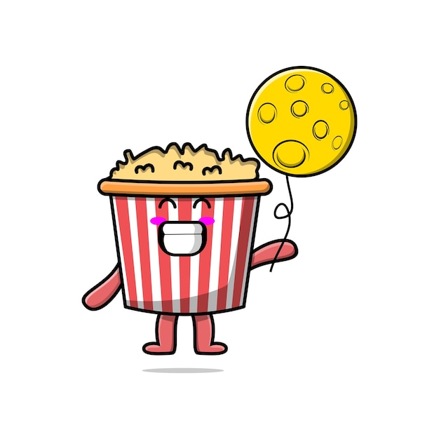 Schattige cartoon popcorn zwevend met maan ballon cartoon vectorillustratie