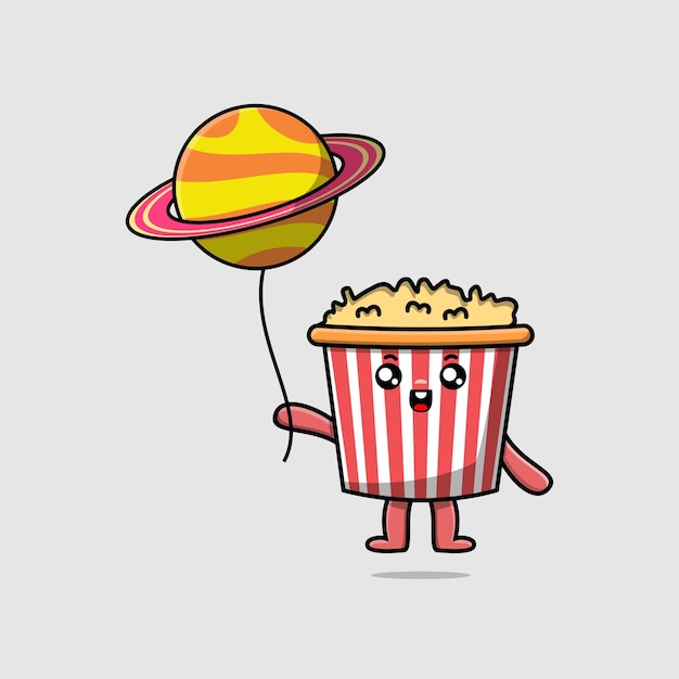 Schattige cartoon Popcorn zwevend met planeet ballon cartoon vectorillustratie