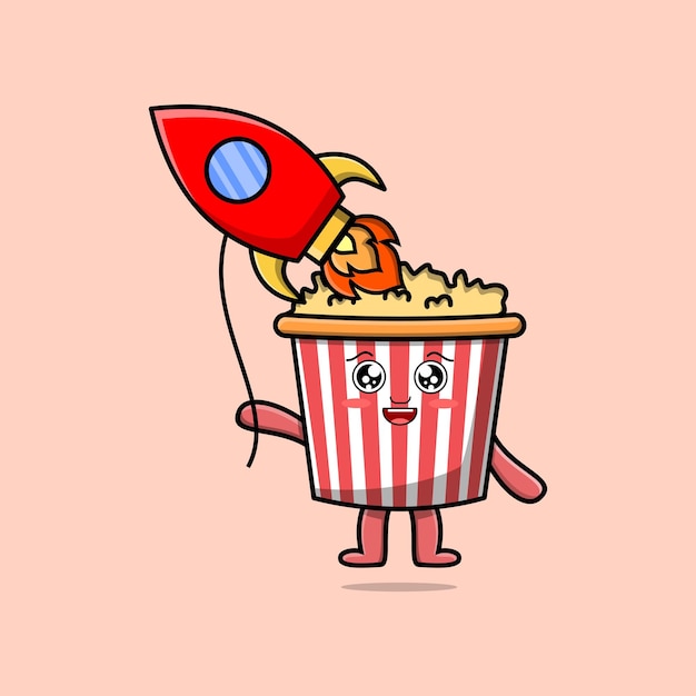 Schattige cartoon Popcorn zwevend met raket ballon cartoon vectorillustratie