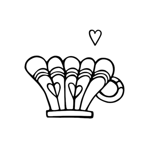 Schattige cartoon porseleinen theekopje met hart het concept van liefde en valentijnsdag een handgetekende mok met een liefdesbericht doodle vectorillustratie geïsoleerd op een witte achtergrond voor kaart stickers