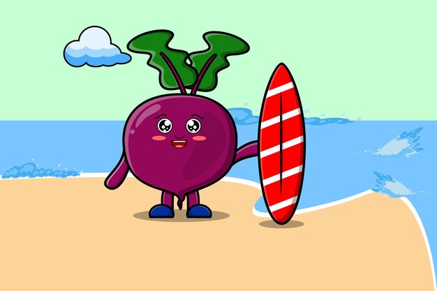 Schattige cartoon rode biet karakter spelen surfen met surfplank