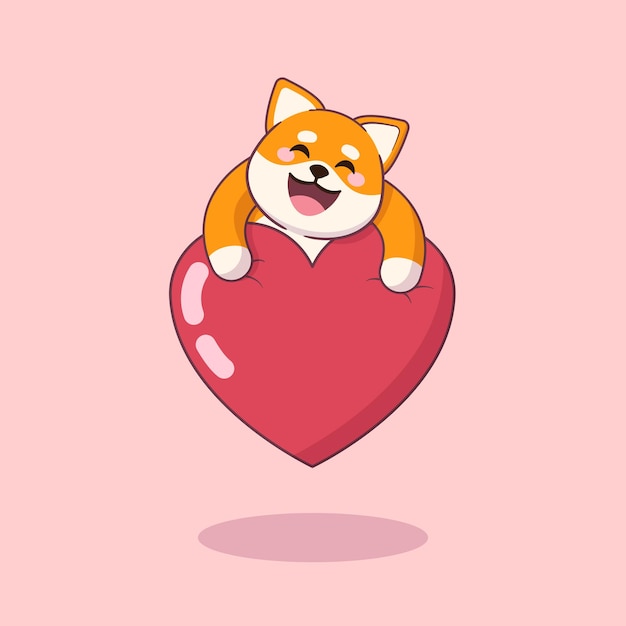 Schattige cartoon shiba inu hond knuffelen een liefdeshart