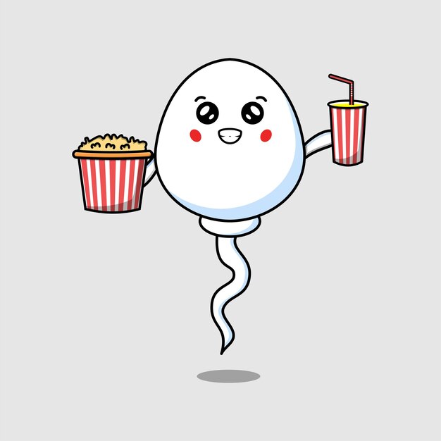 Schattige cartoon sperma met popcorn en drankje klaar om te kijken naar film in bioscoop vector pictogram illustratie