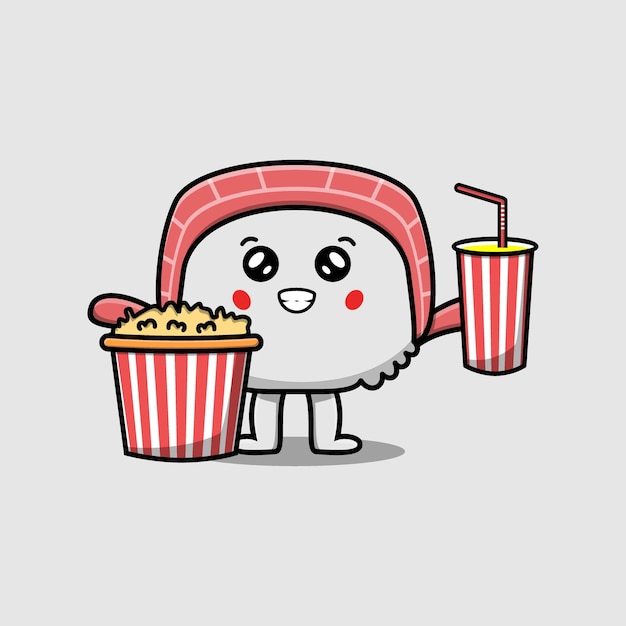 Schattige cartoon sushi met popcorn en drankje klaar om te kijken naar film in bioscoop vector pictogram illustratie