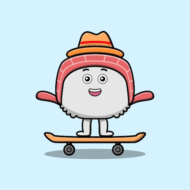 Schattige cartoon sushi staande op skateboard