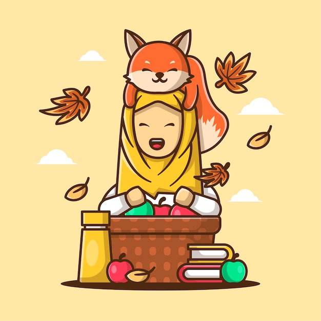 Schattige cartoon vector illustraties vrouwen met fox en apple basket in de herfst. herfstdag pictogram concept