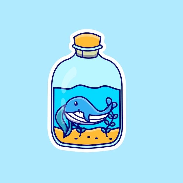 Schattige cartoon walvis in een fles vectorillustratie dierlijke geïsoleerde vector platte cartoon stijl