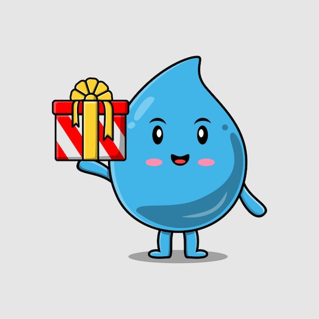 Schattige cartoon waterdruppel karakter met geschenkdoos in vector pictogram illustratie