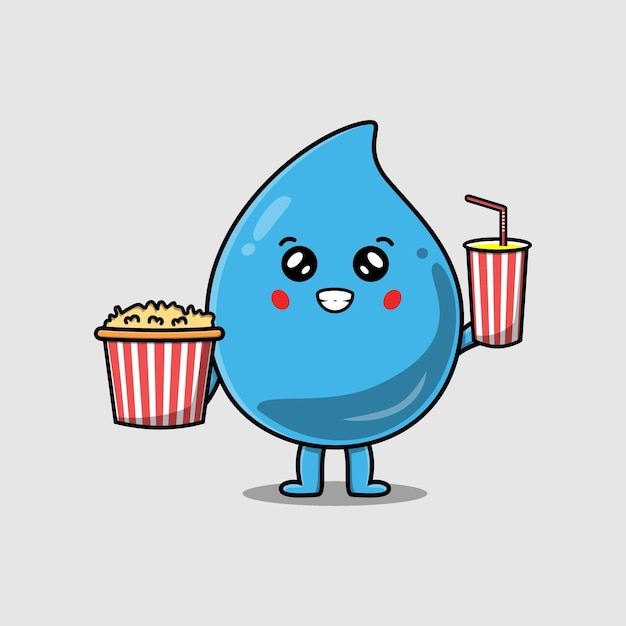 Schattige cartoon waterdruppel met popcorn en drankje klaar om te kijken naar film in bioscoop vectorillustratie