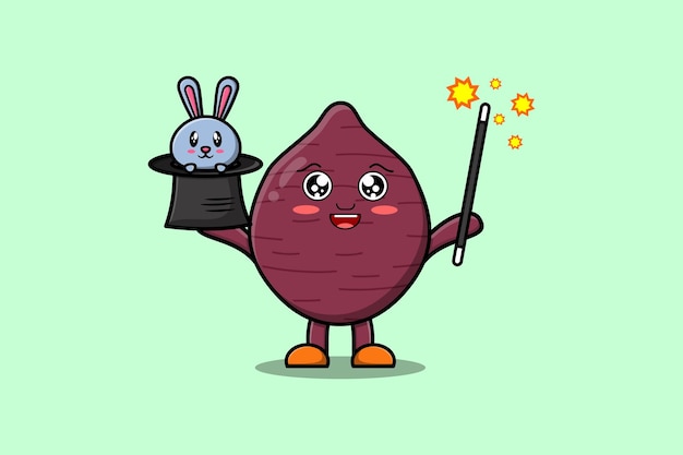schattige cartoon Zoete aardappel goochelaar karakter met konijntje karakter coming out van magische hoed
