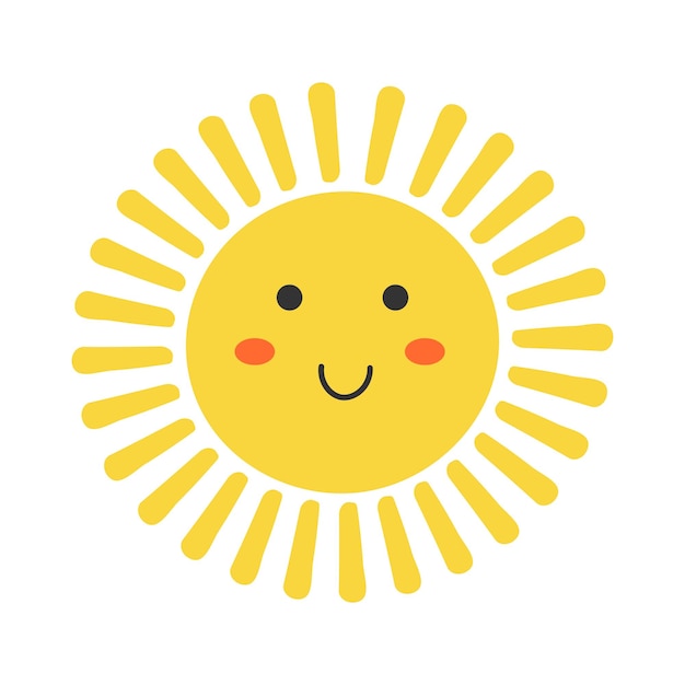 Schattige cartoon zon karakter met kawaii gezicht Eenvoudige doodle gele mascotte geïsoleerd op een witte achtergrond Platte hand getekende icon