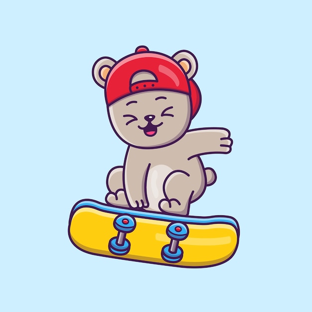 Schattige cartoonbeer op een skateboard in vectorillustratie Geïsoleerde dierenvector Platte cartoonstijl