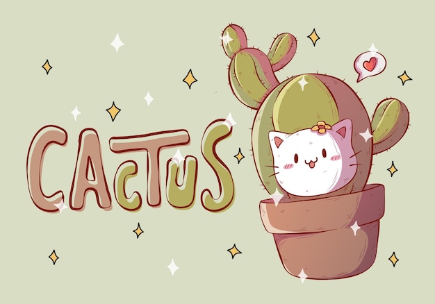 Schattige cartoonkat met illustratie van cactusplant