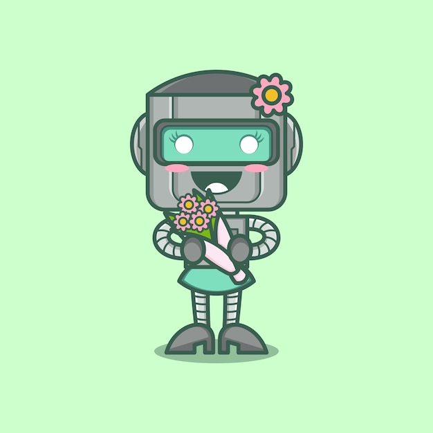 Vector schattige cartoonrobot met bloem