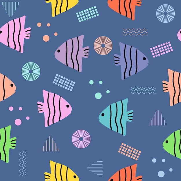 Schattige chibi vis zachte kleurrijke naadloze patroon doodle kinderen baby kawaii cartoon
