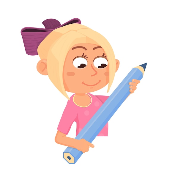 Schattige creatieve jongen Cartoon meisje met groot potlood