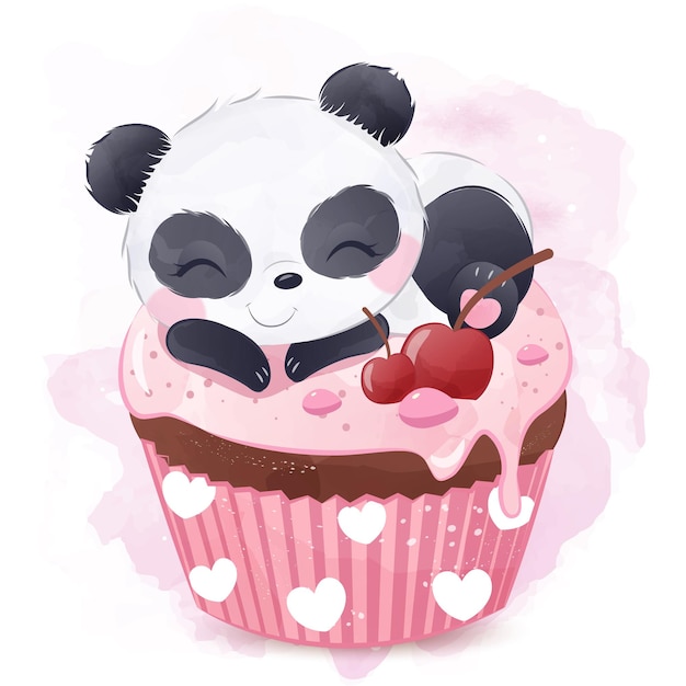 Schattige cupcake met panda-illustratie