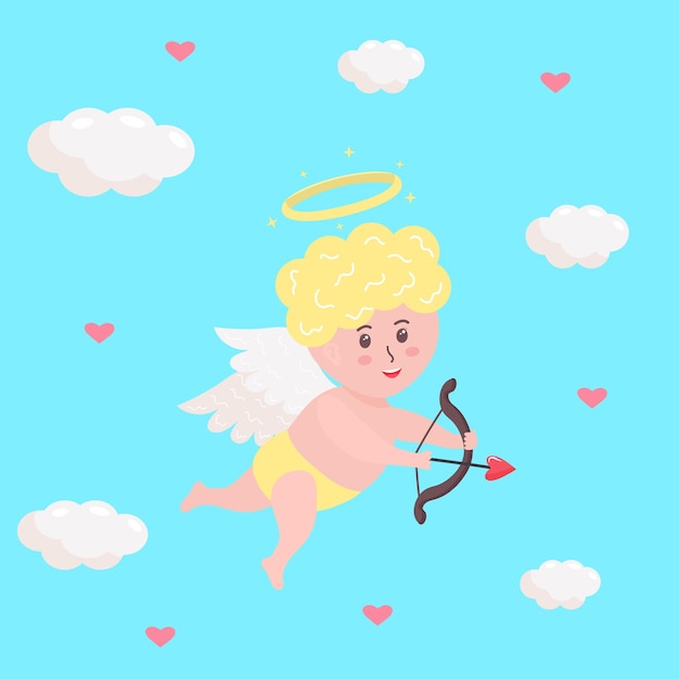 Schattige cupido-baby met hartpijlboog en halo Cherubijn met engelenvleugels vliegt tussen wolken