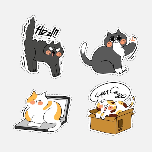 Schattige cute cat kitten doodle illustratie sticker ii asset set. beste voor messenger chat-app, afdrukken