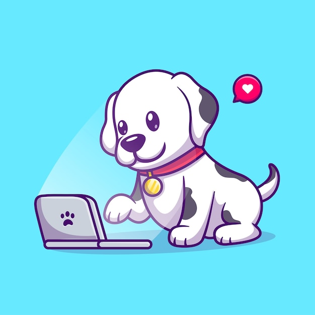 Schattige Dalmatische Hond Spelen Laptop Cartoon Vector Pictogram Illustratie Dierlijke Technologie Pictogram Geïsoleerd