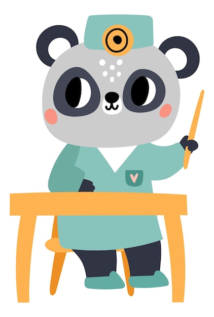 Schattige dieren arts Medisch karakter met verschillende tools Panda in uniform Beer zittend aan tafel Ziekenhuis werknemer geneeskunde en gezondheidszorg arts behandeling vectorillustratie