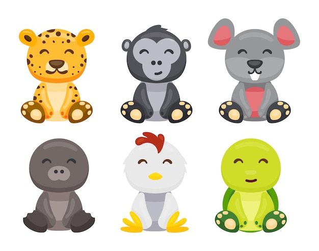 Schattige dieren baby illustratie set vector luipaard gorilla muis zeehond kip schildpad